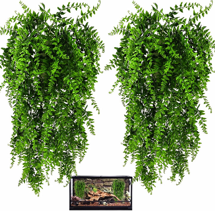 2 Pack Reptile Plants, Terrarium Hanging Plants Vines Artificial Leaves Habitat Decorations with Suction Cup for Bearded Dragon Hermit Crab Lizard Snake Geckos Chameleon