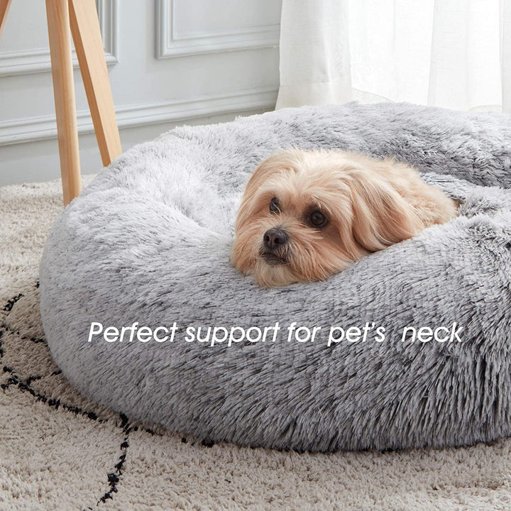 Calming Soft round Dog & Cat Bed, Anti-Anxiety Donut Cuddler Warming Cozy Fluffy Faux Fur Plush Cushion Bed for Small Medium Dogs and Cats (20"/24"/27"/30"), Light Grey