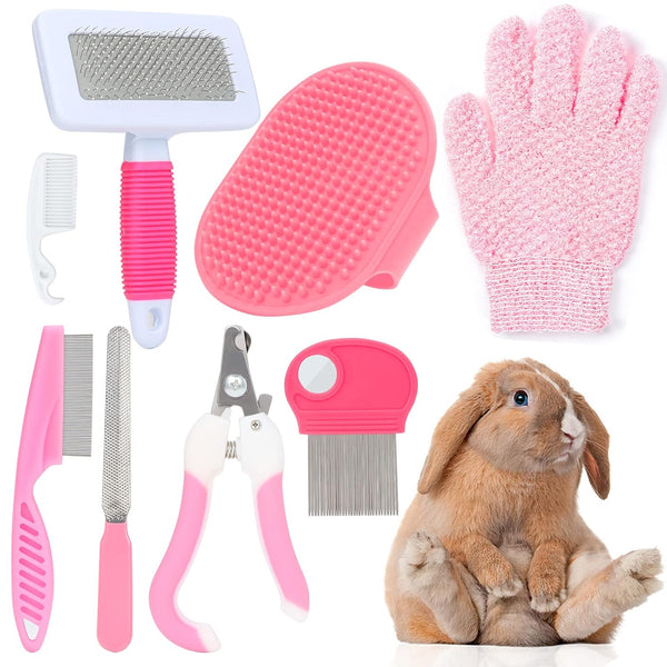 Pink Small Animal Grooming Kit with Nail Clipper, Flea Comb, Shampoo Brush, Slicker Brush, Massage Glove for Rabbits
