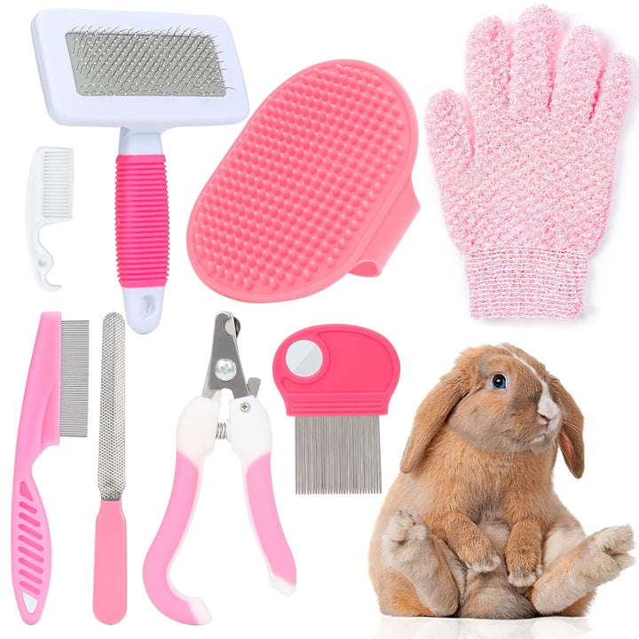 Pink Small Animal Grooming Kit with Nail Clipper, Flea Comb, Shampoo Brush, Slicker Brush, Massage Glove for Rabbits