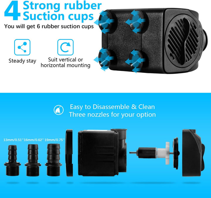 Fountain Pump, 400GPH Submersible , Durable 25W Outdoor Water Pump with 6.5Ft Power Cord, 3 Nozzles for Aquarium, Pond, Fish Tank, Water Pump Hydroponics, Backyard Fountain