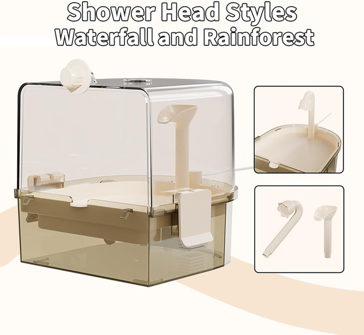 Automatic Bird Baths for Cage – Indoor Parakeet Bath with Pump, Bird Shower with 2 Modes Running Water, Bird Cage Accessory for Pet Birds Conure Budgies Cockatiels Lovebird (Light Brown)