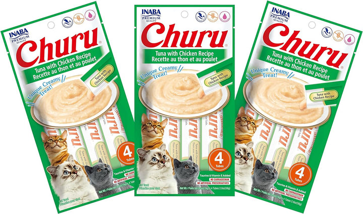 Churu Cat Treats, Grain-Free, Lickable, Squeezable Creamy Purée Cat Treat/Topper with Vitamin E & Taurine, 0.5 Ounces Each Tube, 4 Tubes, Tuna with Salmon Recipe