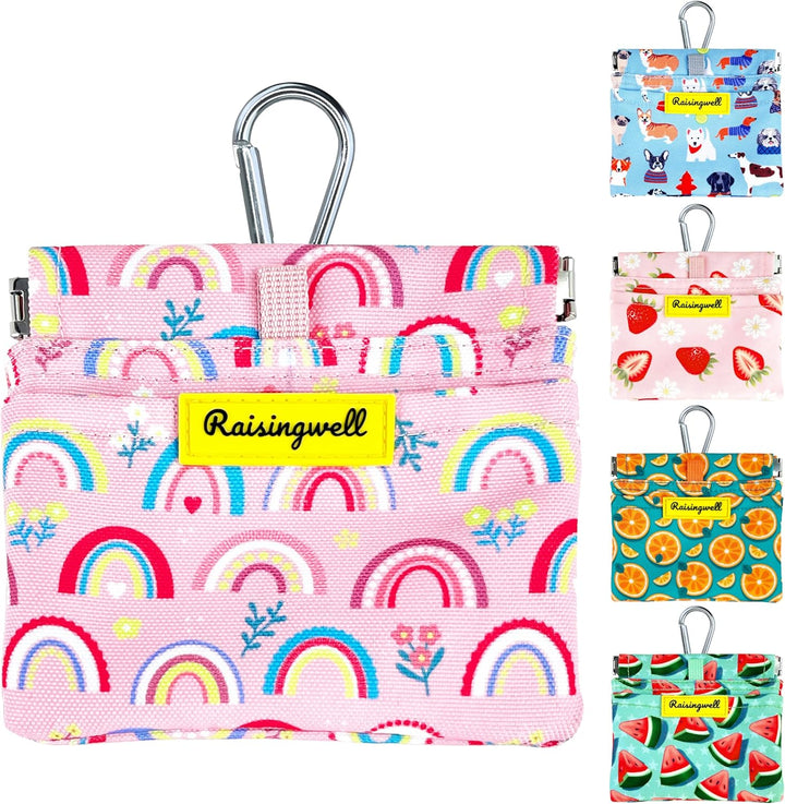 Dog Treat Pouch, Green Pocket Sized Pet Training Pouch, Cotton Fabric, Hand Free Dog Walking Bag with Carabiner, Self-Closing Pet Feed Snack Reward, for Puppy Travel or Outdoor Use