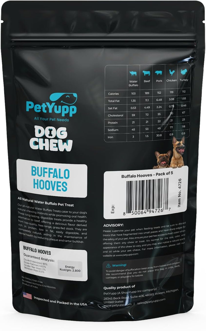 Buffalo Hooves for Dogs | Pack of 5 | Natural, High Protein & Low Fat Dog Treats for Small, Medium & Large Dogs | Rawhide Alternatives & Additives Free Dog Chews for Aggressive Chewers