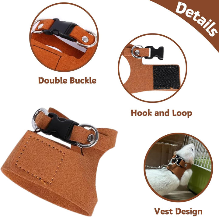 3 Pack Rat Harness and Leash - Adjustable Soft Leather Small Animal Harness Leash Traction Rope Anti-Bite Chain Training Walking Vest Accessories for Squirrel Reptile (Brown)