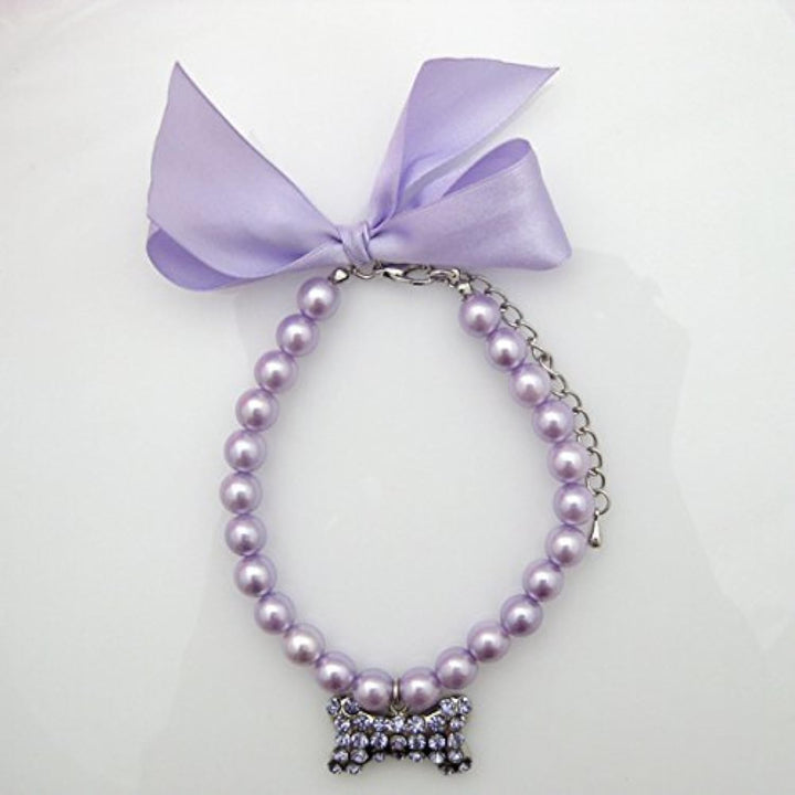 Fancy Pearls Crystal Dog Necklace Jewelry with Bling Rhinestones Big Bone Charm for Pets Cats Small Dogs Girl Teacup Chihuahua Yorkie Clothes Costume Outfits (Pink, 8 to 10-Inch)