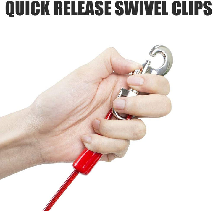 Dog Tie Out Cable 30 Feet - Heavy Duty Dog Lead up to 125 Pounds - Reflective & Rust-Free with Quick Release Swivel Clips & 360° Rotating Clasp - Tangle-Free Dogs Runner for Yard (Red, Single)