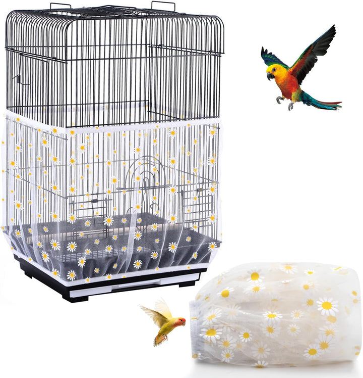 Bird Cage Seed Catcher, Seed Catcher Guard Net Cover, Parrot Nylon Mesh Net Cover, Universal Soft Airy Cage Net Stretchy Skirt for round Square Cages (Star-White, 15.7" X87")