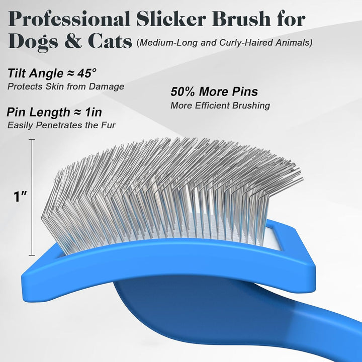 2PCS Slicker Brush for Dogs & Pet Comb,Professional Dog Grooming Brush (Goldendoodles,Poodles,Labradoodles) with Extra Long Pins to Effectively Remove Tangles, Knots and Mats (Blue Large)
