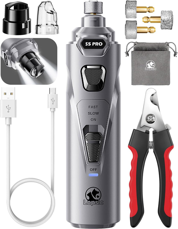 Dog Nail Grinder with 2 LED Lights Powerful 2 Speeds Super Quiet Dog Nail Trimmers with 3 Grinding Wheels Rechargeable Pet Dog Nail Clippers for Large Medium Puppy Dogs Dog Nail File Cat Nail Clipper