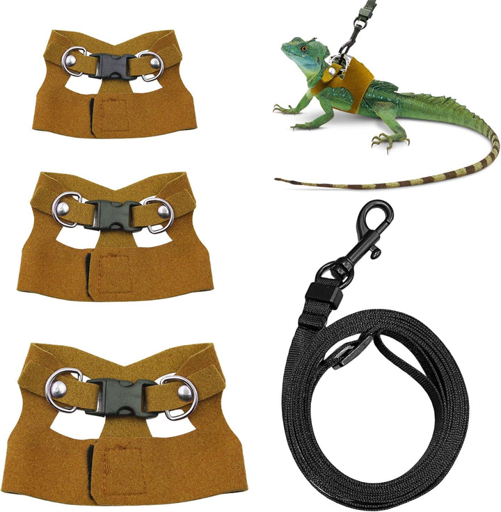 Bearded Dragon Harness and Leash Set, 3 Size Adjustable Soft Leather Reptile Leash, Lizard Harness with Retractable, Small Animal Outdoor Walking Vest with Traction Rope, 3 Pack, Black