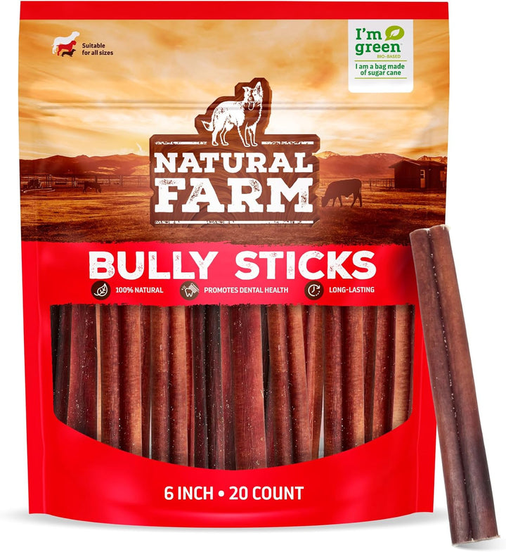 Odor-Free Bully Sticks (6 Inch, 25 Pack), 1.3 Lb. Bag, Fully Digestible 100% Beef Pizzle Chews, Grass-Fed, Non-Gmo, Grain-Free, Natural Long-Lasting Chews for Small & Large Dogs