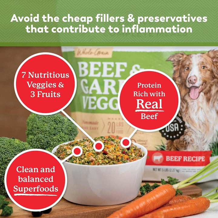 Beef & Garden Veggies Dog Food, Human Grade Whole-Grain Dehydrated Dog Food with Freeze-Dried Beef (5 Pounds)