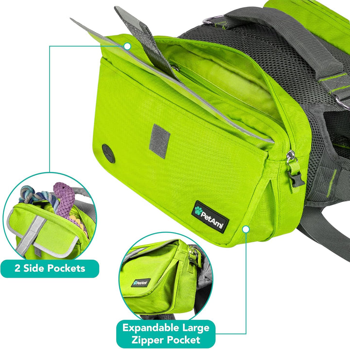 Dog Backpack for Medium & Large Dogs, Saddle Bag for Dogs to Wear for Hiking, Pet Backpack Harness Dog Pack with Reflective Side Pockets for Walking Running