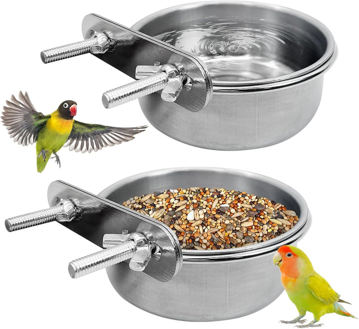 Parrot Feeding Cups Birds Food Dish Stainless Steel Parrot Feeders Water Cage Bowls with Clamp Holder for Cockatiel Conure Budgies Parakeet Parrot Macaw Small Animal Chinchilla Pack of 2