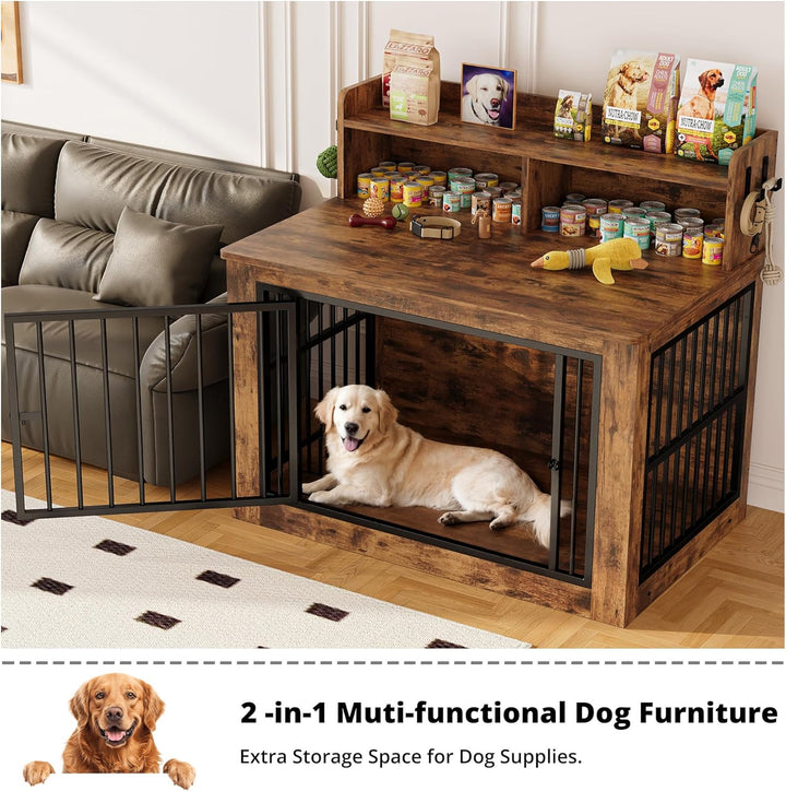 Extra Large Dog Crate Furniture, 43.3 Inches Wooden Dog Crate with Storage and 4 Hooks, Heavy Duty Pet Crate for Large Dog, Decorative Pet Cage for Indoor (30" L X 43.3" W X 41.1" H)