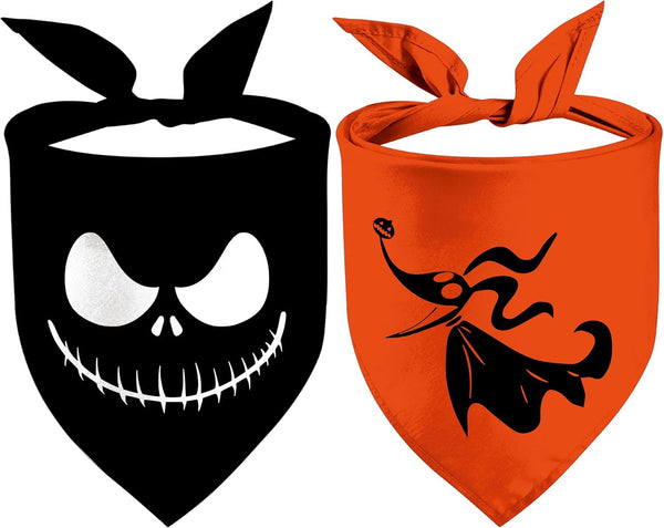 Halloween Dog Bandanas 2 Pack, Zero Dog and Jack Face Print Bibs for Boy and Girl, Nightmare before Christmas Triangle Fall Pet Scarf, Premium Durable Fabric, Adjustable Fit (Halloween-1, Large)