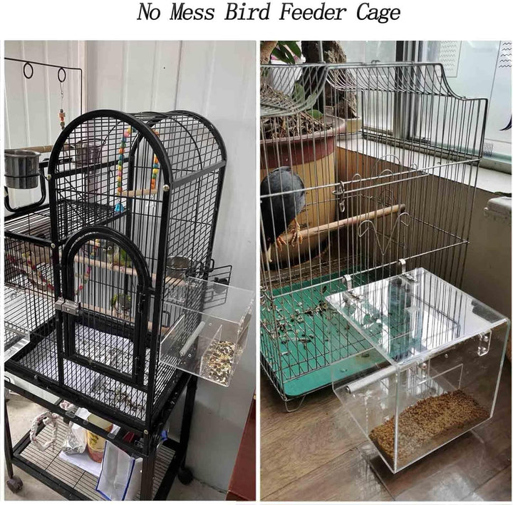No Mess Bird Feeder for Cage, Automatic Acrylic Bird Feeder Seed Catcher Tray Cage with Stainless Steel Hooks for Small Parrots Canary Parakeet Budgerigar Crested Cockatiel Lovebird (Small)