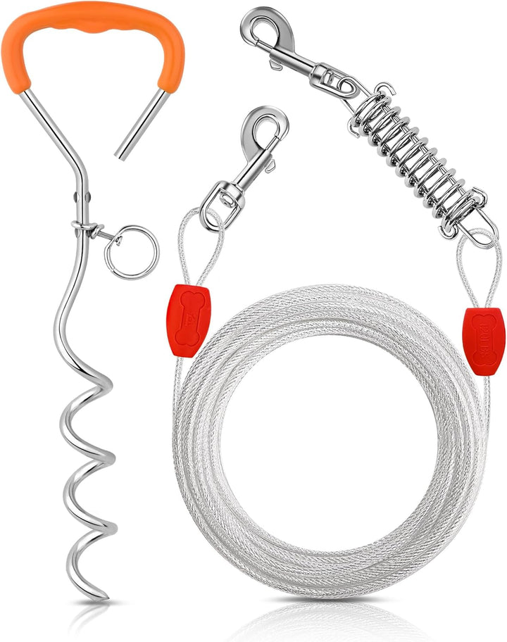 Dog Tie-Out Cable and Stake - 30Ft Heavy Duty Cable with Spring, No Tangle, 16In Ground Stake, Ideal for Yard, Camping and Beach, Suitable for Small Medium Large Dogs up to 120 Lbs, Blue