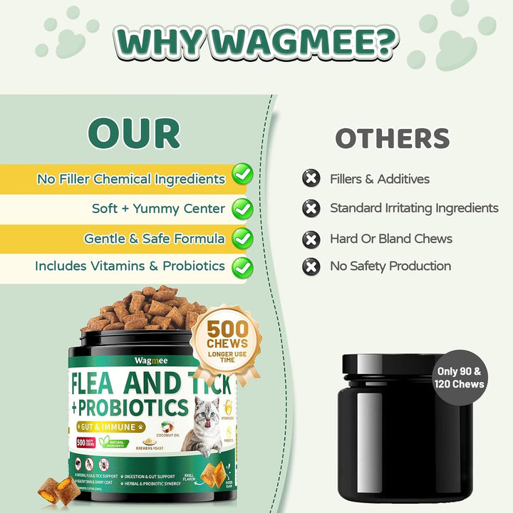 Flea and Tick Prevention for Cats Chews, 500 Crunchy & Creamy Flea Chews, Cat Flea Chewables with Probiotics - Skin & Coat Support - Fleas & Tick Supplement for Cats Kittens - Natural Chicken Flavor