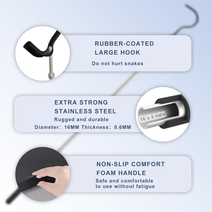 Snake Hook Heavy Duty, 35"-65" Snake Reptile Hook Rubber Tip for Rattlesnakes Ball Python Rattle Cobra Removal Non Slip Foam Handle Stainless Steel