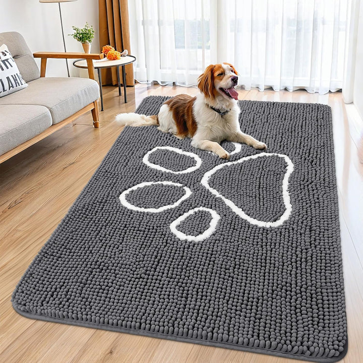 Dog Door Mat for Muddy Paws, Absorbent Dirt Trapper Non Slip Quick Dry Washable Chenille Mat for Mud Dogs, Entry Rug for Indoor and Outdoor (30X20 Inches, Grey)