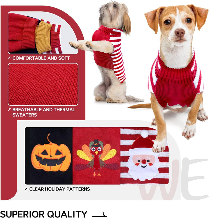 3 Pack Halloween Thanksgiving Christmas Dog Cat Knit Sweater Set - Dog Clothes with Santa Pattern Pumpkin Turkey Pets Costumes-Dog Fall Sweaters for Holiday(M)