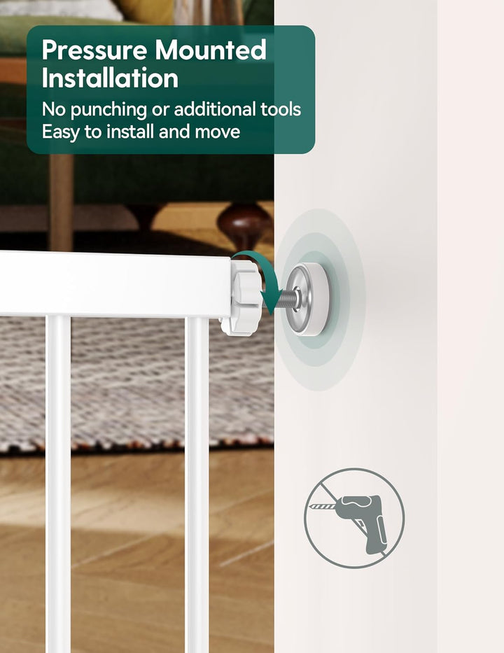 Baby Gate with Adjustable Cat Door,29-43" Auto Close Durable Pet Door for Stairs,Doorways and House,Pressure Mounted,Easy Install,Effortless Walk Thru,White