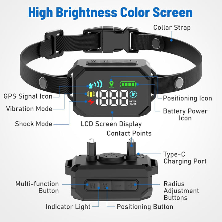 GPS Wireless Dog Fence, Electric Fence for Dogs, Perimeter Collar Fence System, Radius 33-1999 Yards, IPX7 Waterproof, Beep Vibration Shock Correction, for Pets over 18 Lbs