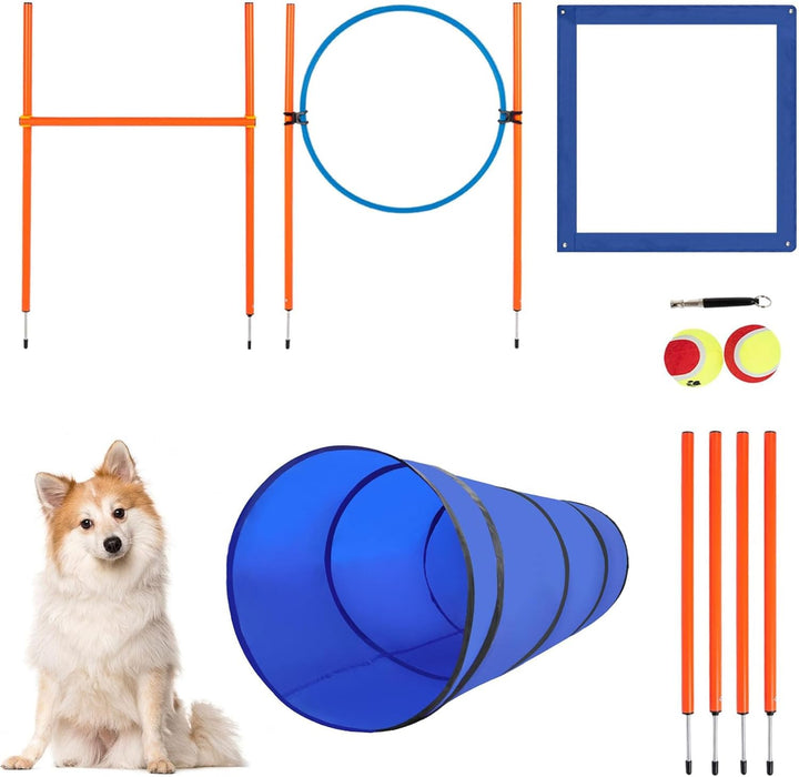 Dog Agility Course Backyard Set Dog Agility Equipment Obstacle Course Backyard Includes Adjustable High Hurdle,6 Weave Poles,Extended Tunnel,Jump Ring,Square Pause Box,2 Balls,Whistle,2 Carrying Bags
