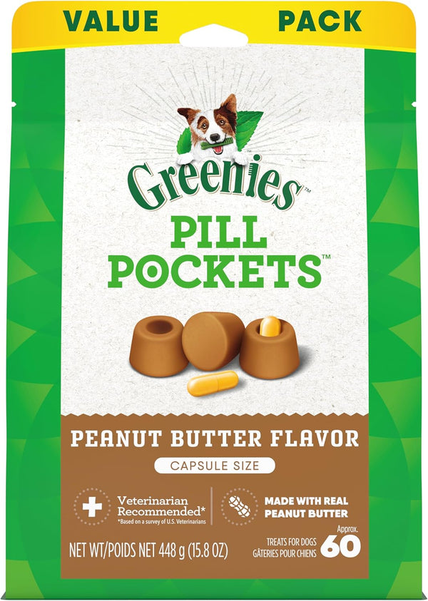 Pill Pockets for Dogs Large Size, Soft Dog Treats, with Real Peanut Butter, 15.8 Oz. Pouch (60 Treats)