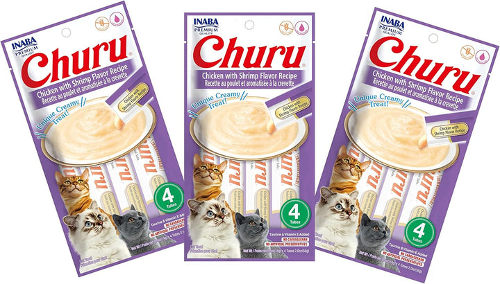 Churu Cat Treats, Grain-Free, Lickable, Squeezable Creamy Purée Cat Treat/Topper with Vitamin E & Taurine, 0.5 Ounces Each Tube, 4 Tubes, Tuna with Salmon Recipe