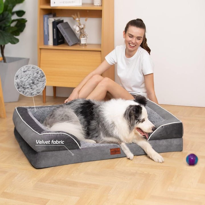 Orthopedic Dog Bed for Extra Large Dogs 42X30 Inch, Waterproof Supportive Egg Crate Foam XL Pet Bed with Removable Bolsters, Dog Couch with Washable Cover & Non-Slip Bottom, Grey