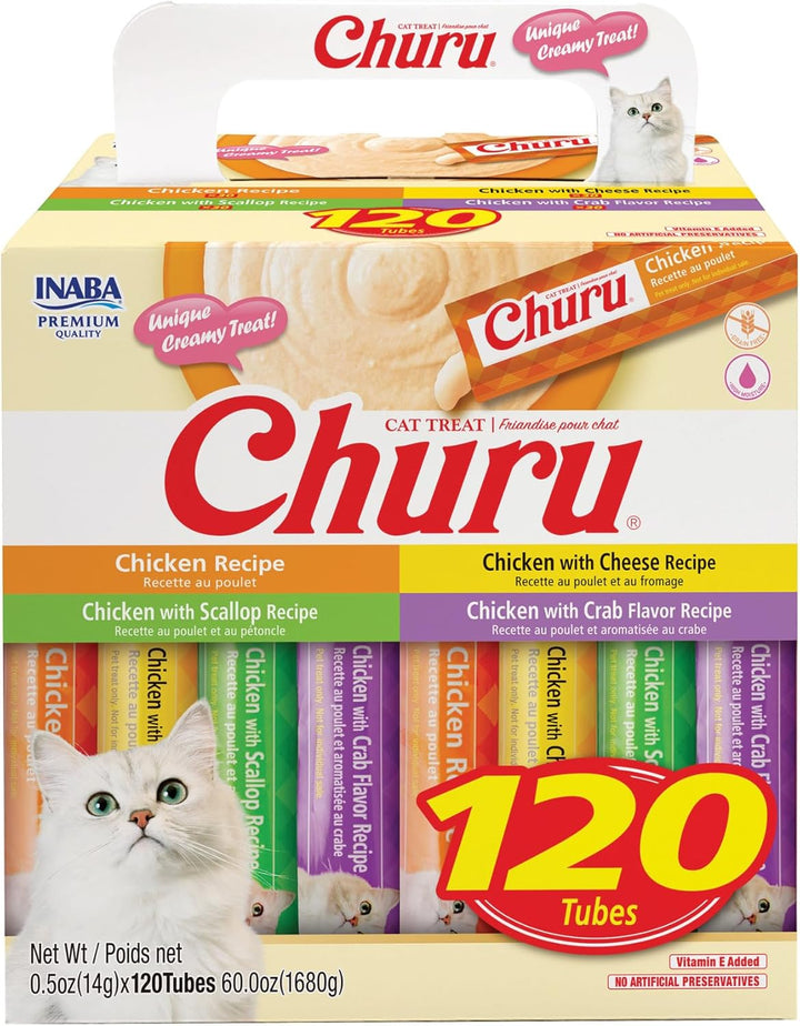 Churu Cat Treats, Lickable, Squeezable Creamy Purée with Vitamin E, 0.5 Ounces per Tube, 120 Tubes Total, Chicken Variety
