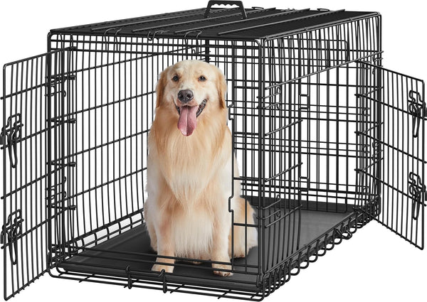 42 Inch Double Door Dog Crate W/Divider for Puppy to Adult XL Collapsible Metal Crate with Removable Tray Wire Dog Kennel for Large Dogs Portable Travel Cage, Black