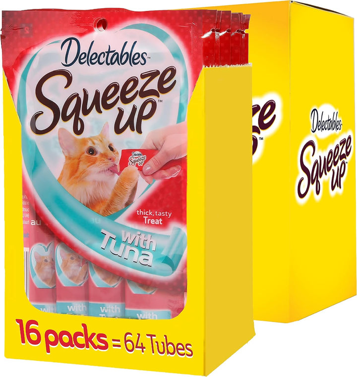 Delectables Squeeze up Creamy Squeezable Puree, Lickable Wet Cat Treats, Grain Free, No Added Fillers, No By-Products, No Added Preservatives, 0.5 Ounces Tuna & Shrimp, 32 Tubes Total