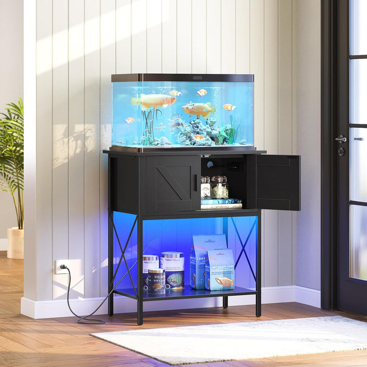 20 Gallon Fish Tank Stand with Power Outlets and LED Light, Metal Frame Aquarium Stand, Reptile, Turtle Tank Stand with Cabinet Storage, 27.6'' L X 15.7'' W, 300 LBS Capacity, Black BB40UDFT01