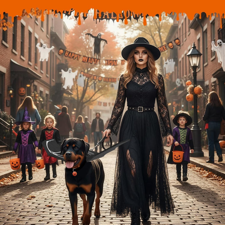 Large Dog Halloween Costumes, Adjustable Dog Bat Wings Costumes for Large Dogs with Pumpkin Bell Skeleton Print on the Back, Pet Costume Halloween Cosplay Party Dress Up, XL Black