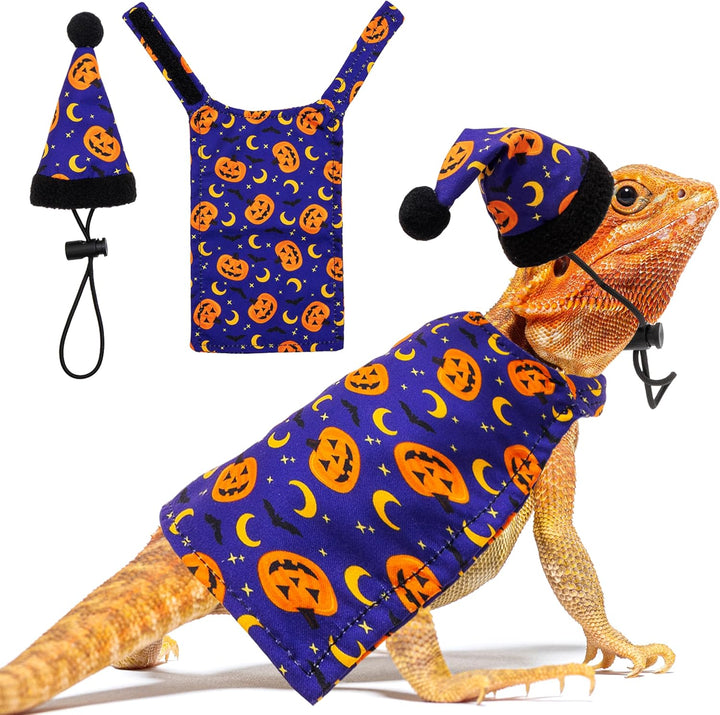 Halloween Bearded Dragon Costume, Cute Pumpkin Pattern Holiday Small Pet Clothes and Hat Set Outfit, Lizard Reptiles Small Animal Accessories