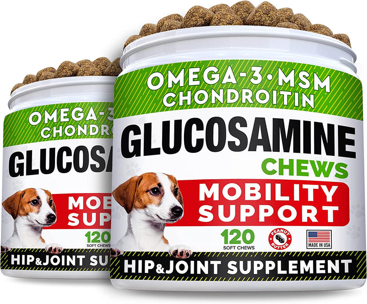 Glucosamine Treats for Dogs - Joint Supplement W/Omega-3 Fish Oil - Chondroitin, MSM - Advanced Mobility Chews - Joint Pain Relief - Hip & Joint Care - Chicken Flavor - 120 Ct - Made in USA