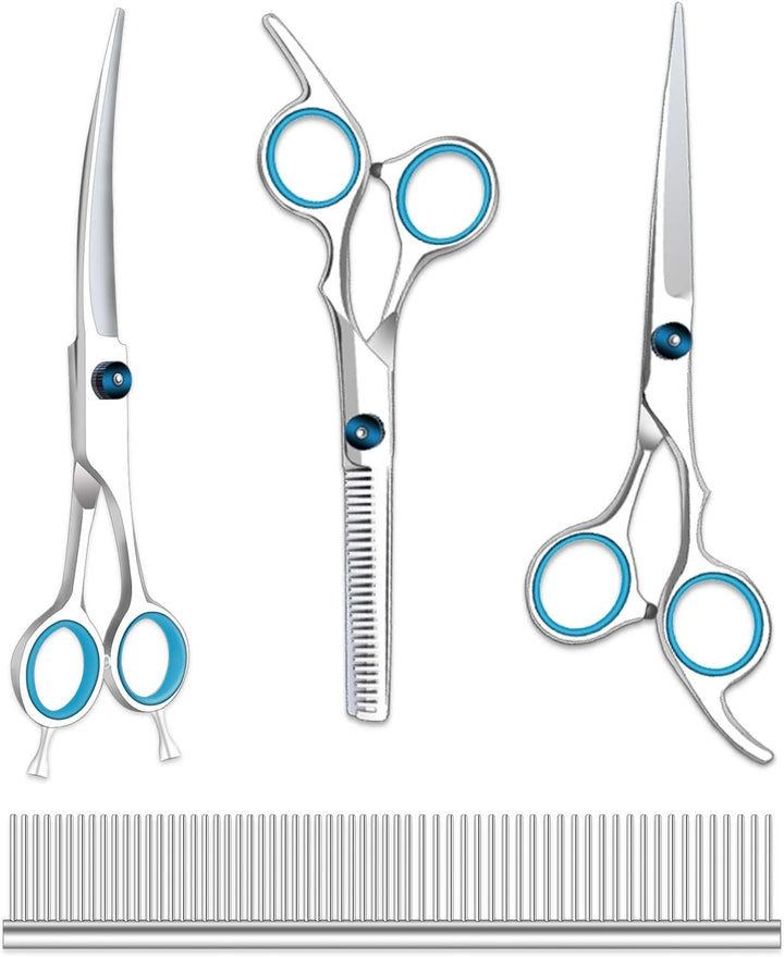 Dog Grooming Scissors with Safety round Tips, Heavy Duty Titanium Pet Grooming Trimmer Kit, Professional Thinning Shears, Curved Scissors with Comb for Dogs and Cats (Set of 3)