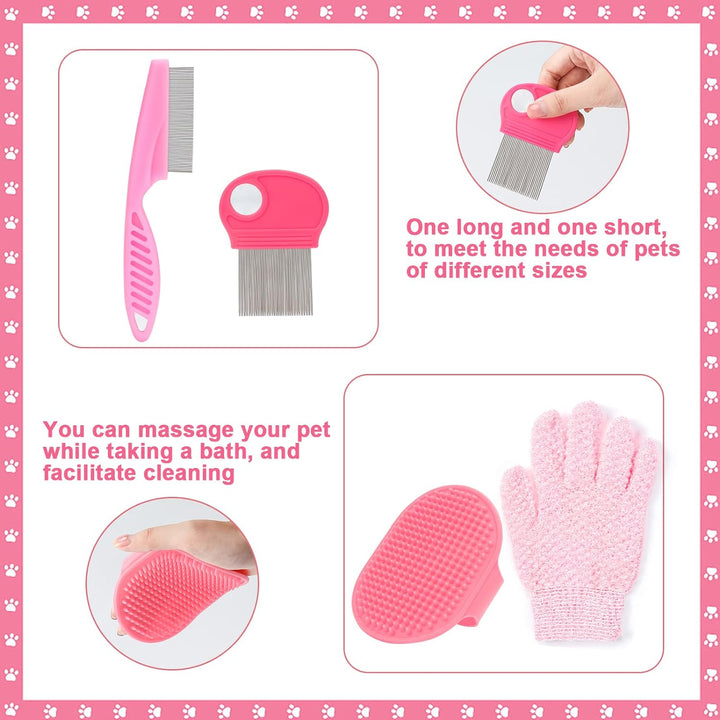 Pink Small Animal Grooming Kit with Nail Clipper, Flea Comb, Shampoo Brush, Slicker Brush, Massage Glove for Rabbits