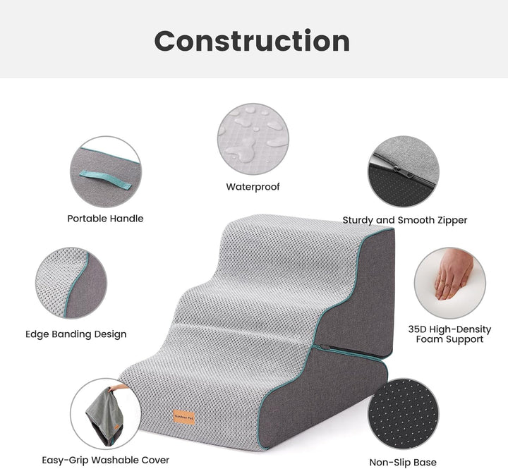 Dog Stairs for Small Dogs 16.5" H, 2 in 1 Transformable 3-Step Pet Stairs and Ramp, Dog Steps for Couch (13-20 In) with Durable Non-Slip Waterproof Cover and Certipur-Us Certified Foam