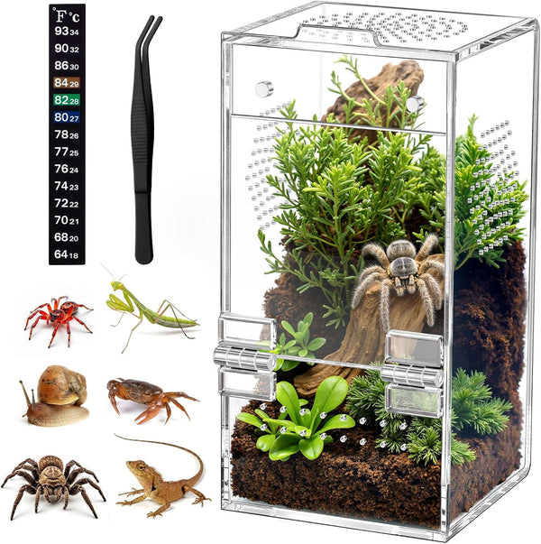 Jumping Spider Enclosure, Acrylic Terrarium with Magnetic Door & All-Side Ventilation, Pre-Assembled Reptiles Habitat for Praying Mantis, Tarantula, Snail, Hermit Crab, Frog (3.5"X3.5"X7")