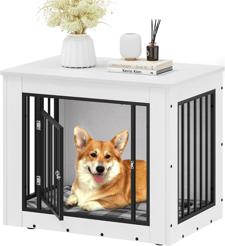 Dog Crate Furniture for Medium Dogs, Side End Table, Modern Dogs Kennel Indoor up to 35 Lb, 2-In-1 Iron-Wood Fusion Dog Cage with Waterproof Top, Safety Corners,Steel Lock,30" L,Greige