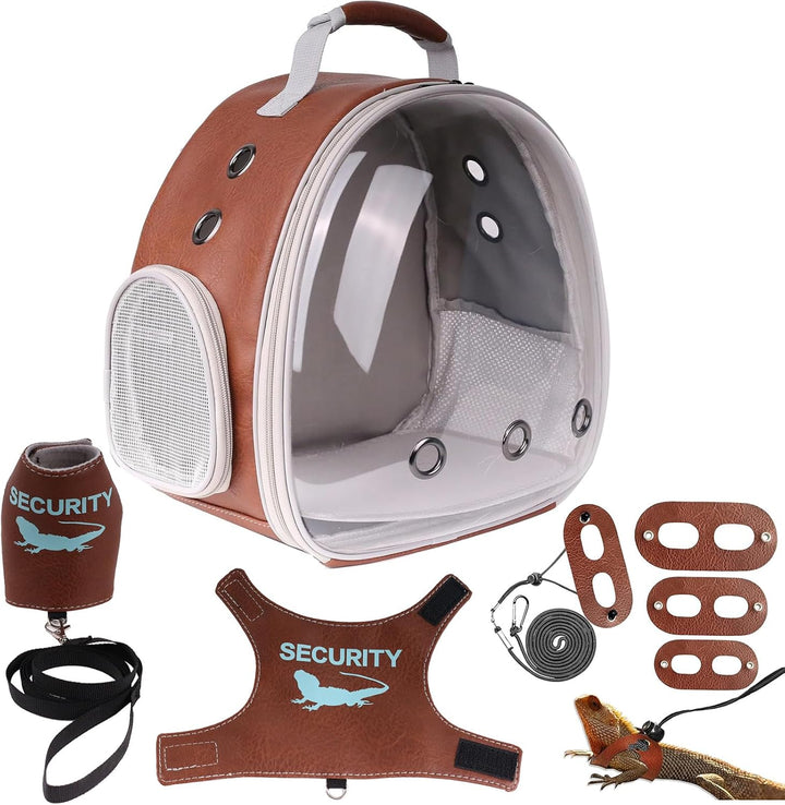 Bearded Dragon Carrier Backpack with Security Printing Harness Leash Set, Reptile Lizard Space Capsule Astronaut Clear Bubble Window Travel Carrier for Small Animal Guinea Pig(Black, Security Harness)