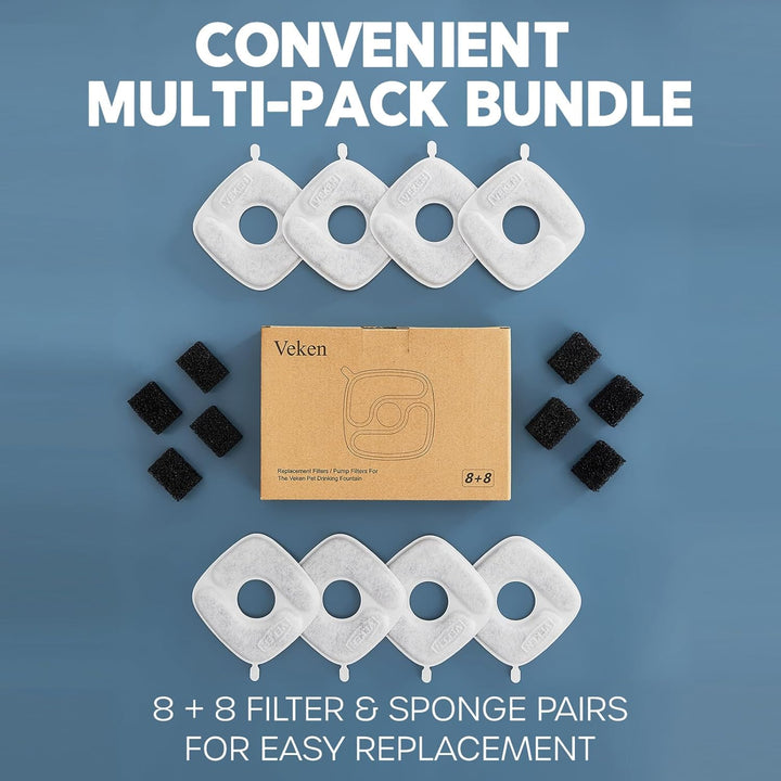 Cat Water Fountain Filters, 8 Pack Replacement Filters & 8 Pack Replacement Pre-Filter Sponges Set for 50Oz, 84Oz, 95Oz Automatic Pet Fountain Dog Water Dispenser