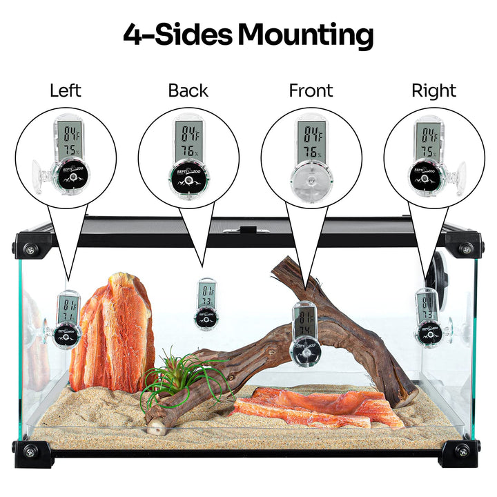 Upgraded Reptile Terrarium Thermometer Hygrometer,Digital Pet Temperature and Humidity Gauge with Suction Cup for Reptile Rearing Box Tank,4-Sides Mounting