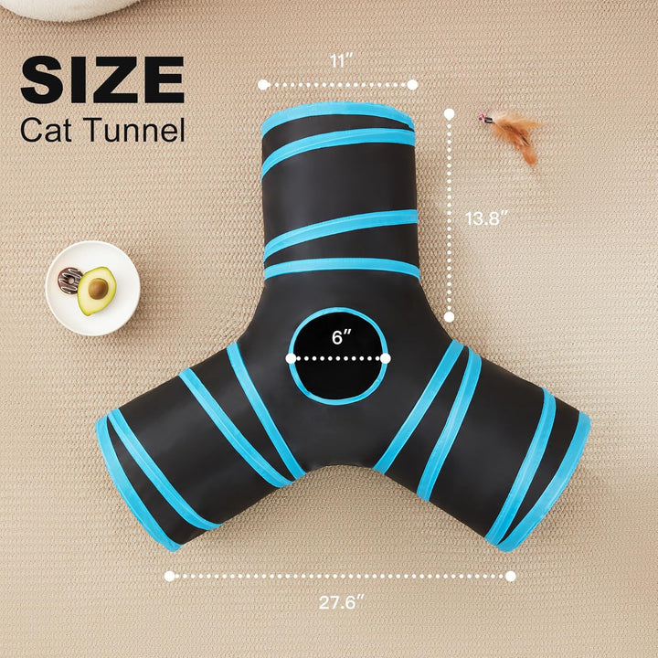 Cat Tunnel Tube Toys 3 Way Collapsible, Cat Tunnels for Indoor Cats，Kitten Tunnel Bored Pet Play Tunnel with Peek Hole Toy Ball for Kitty, Kitten, Rabbit, Puppy Blue